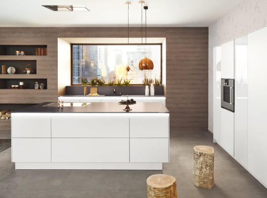 Cuisine Opal H 5656 blanc agate brillant avec îlot central