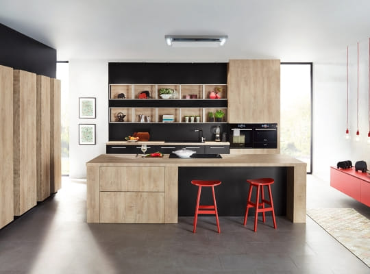 Cuisine TOP 1481 chêne clair structuré avec blocs gris mat