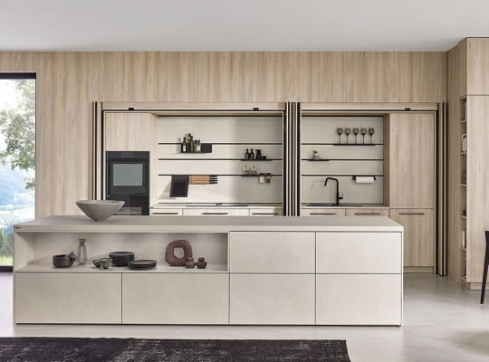 Cuisine TOP 1731 bois clair Mountain Wood avec îlot central décor grès