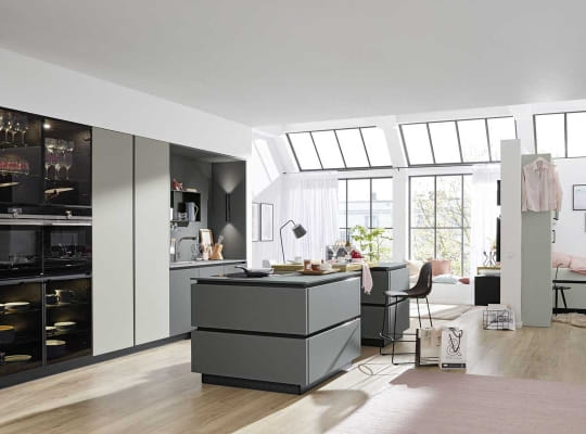 Cuisine Resopal PRO 30001 gris ultra-mat avec îlot et tiroirs XXL